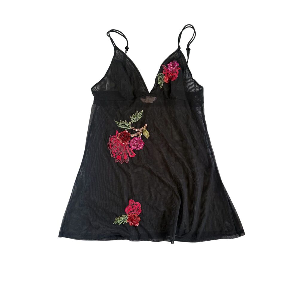 Vintage Victorias Secret black Mesh Embroidered Sequins Nighty Size Small